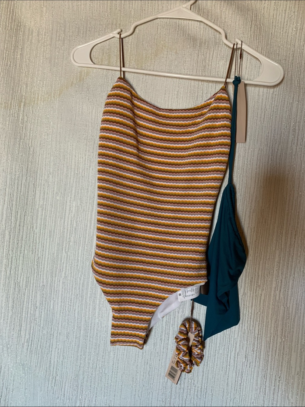Au Naturel- Striped One-Piece Swimsuit in Mustard, White & Pink with Travel Bag